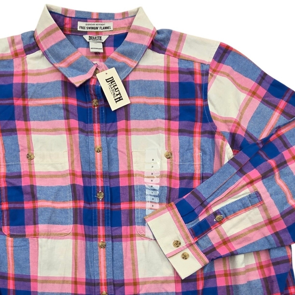 Duluth Trading Co Free Swingin Flannel Shirt Womens 3X Pink Blue Plaid 74760
